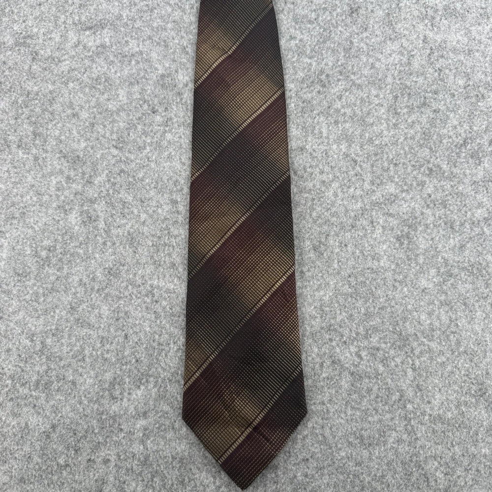 Gucci Mens Silk Tie Burgundy Brown Gold Diagonal Stripe Crest Logo Italy